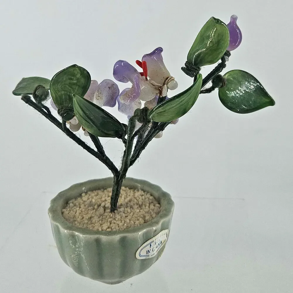 Vintage Jade Glass Bonsai Tree purple Flower Quartz Celadon Pot small 5